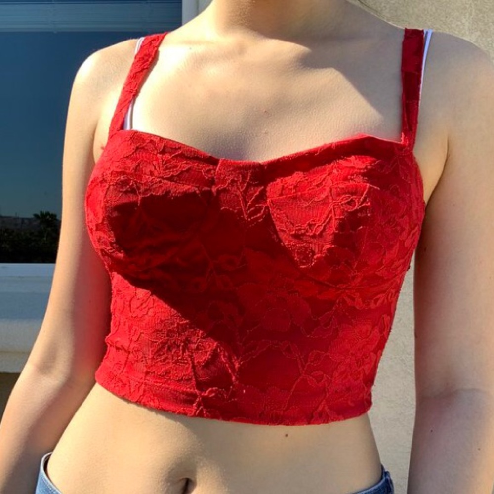 red floral lace bustier crop top